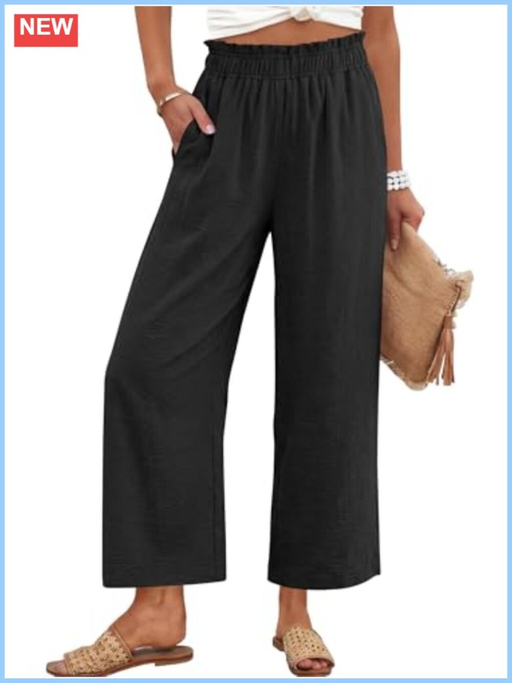 Cropped Wide Leg Palazzo Pants Elastic Waist Pockets Summer Casual